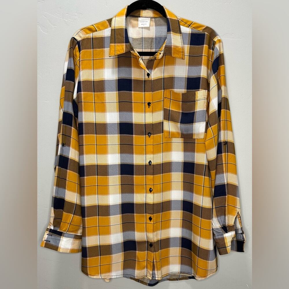 Passport Women’s Plaid Button Up Collared Top sz Large Mustard/Yellow/Navy Blue